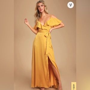 Lulu’s Mariah Satin mustard yellow wrap maxi..